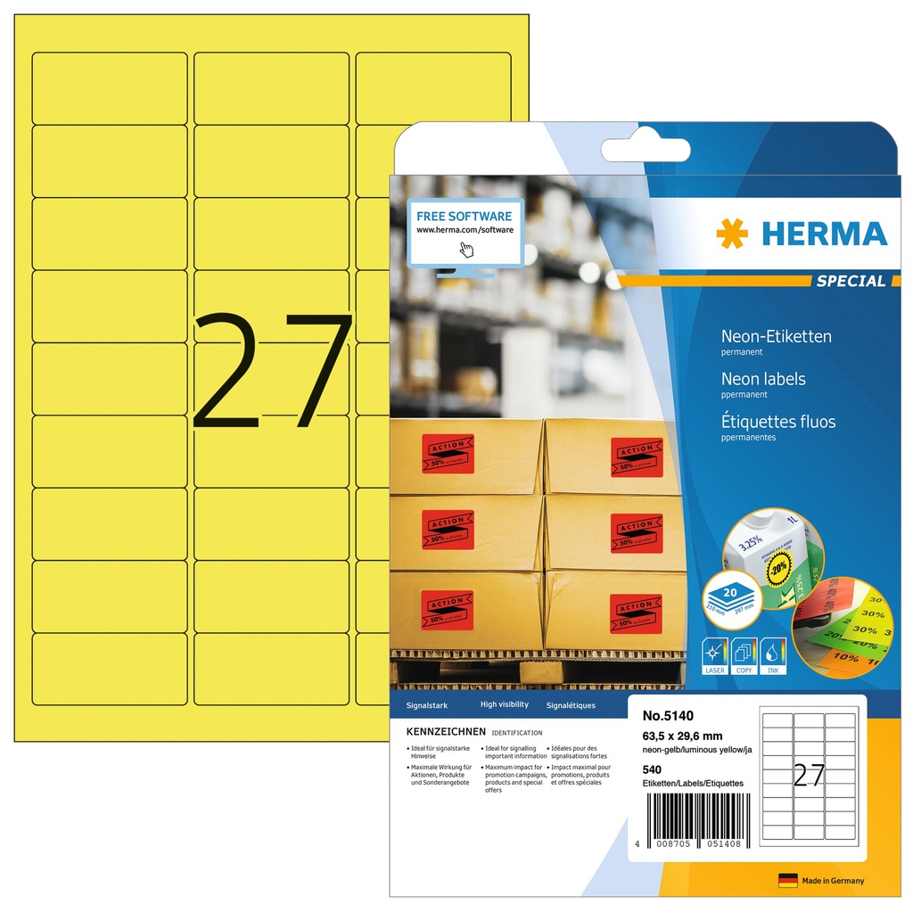 [5140] Etiket HERMA 5140 63.5x29.6mm neon geel 540st