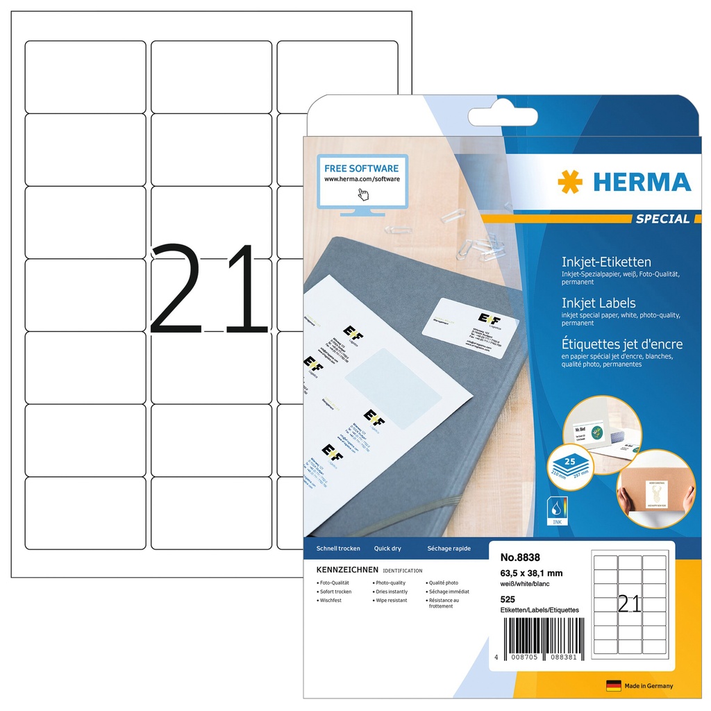 [8838] Etiket HERMA 8838 63.5x38.1mm mat wit 525st