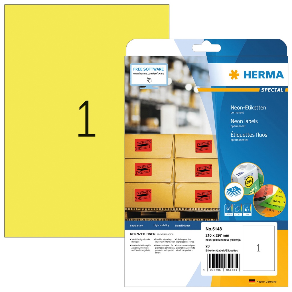 [5148] Etiket HERMA 5148 210x297mm A4 fluor geel 20st