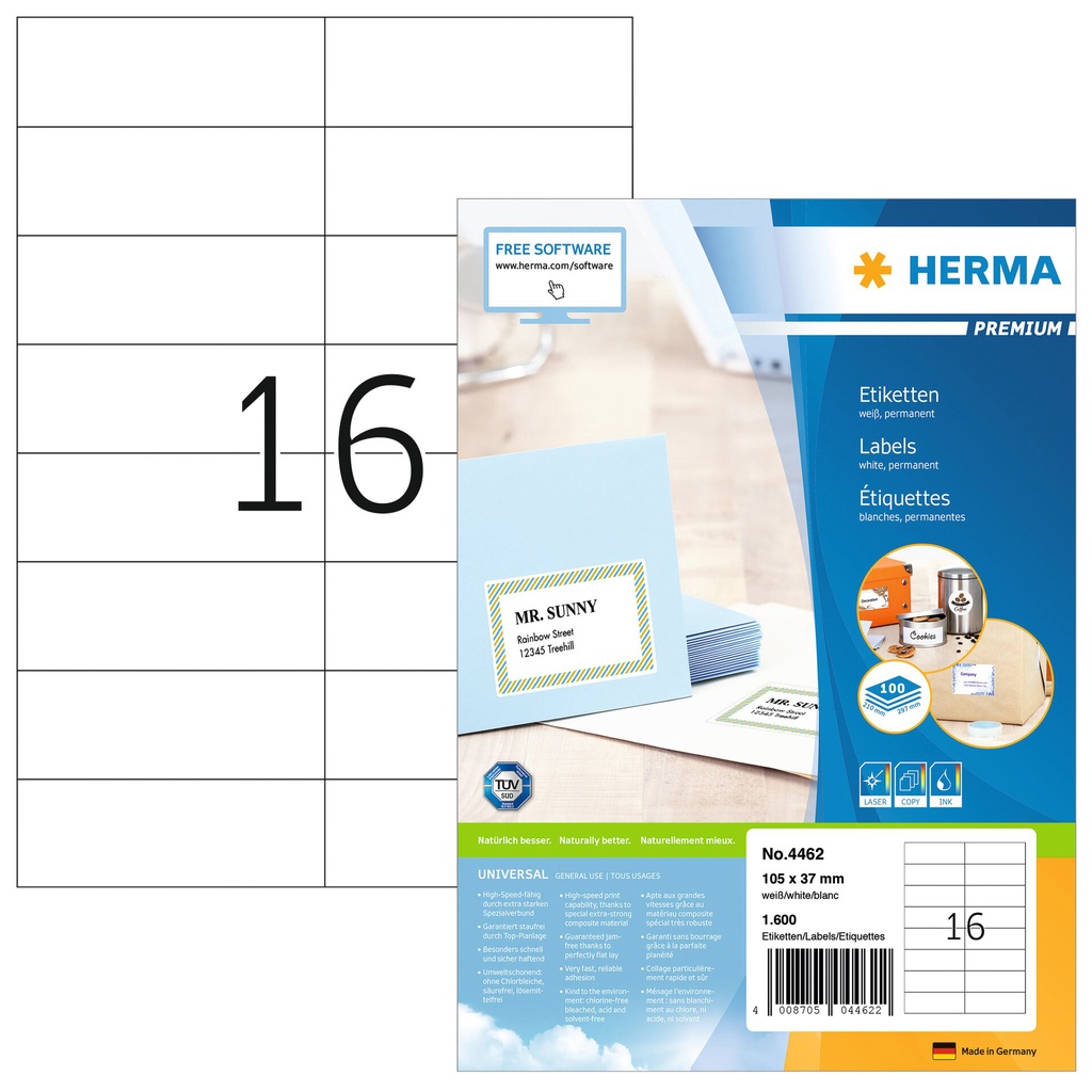[4462] Etiket HERMA 4462 105x37mm premium wit 1600st