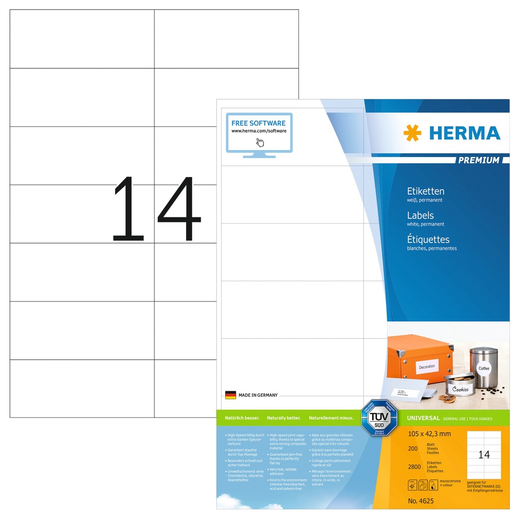 [4625] Etiket HERMA 4625 105x42.3mm premium wit 2800st