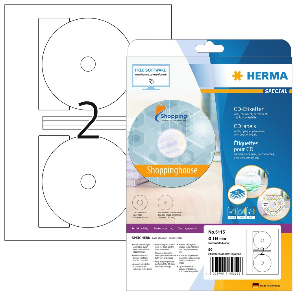 [5115] Etiket HERMA 5115 CD 116mm wit 50st