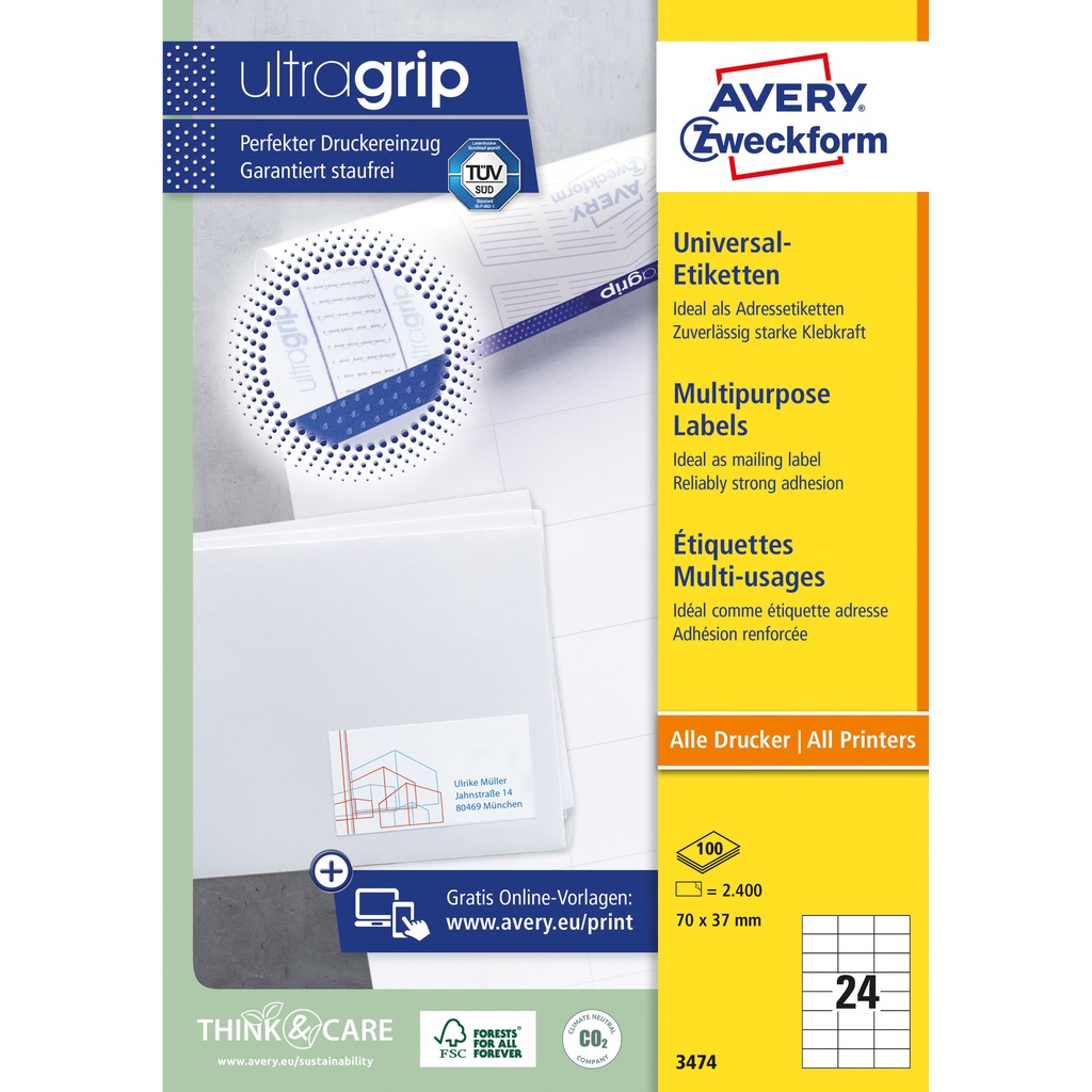 [3474] Etiket Avery 3474 70x37mm wit 2400st