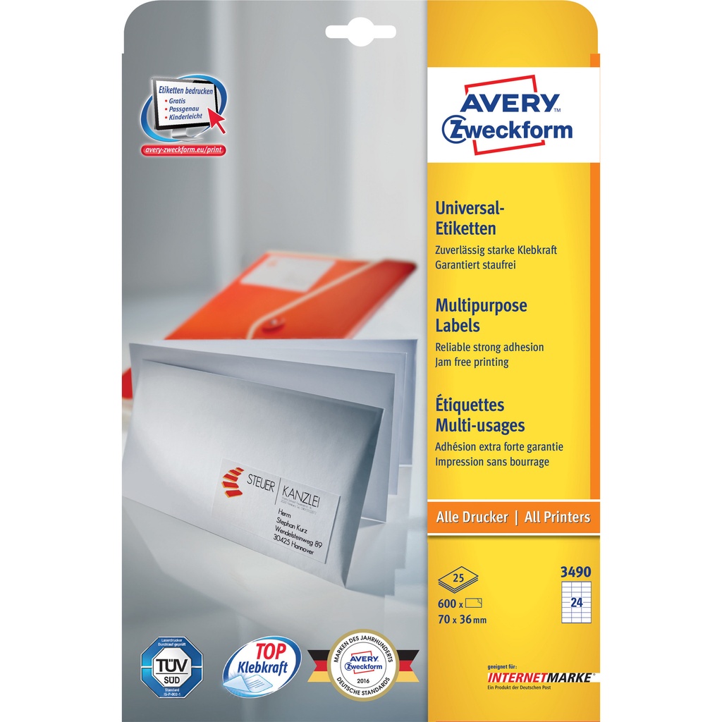 [3490] Etiket Avery 3490 70x36mm wit 600st