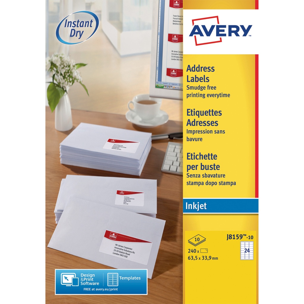 [J8159-10] Etiket Avery J8159-10 63.5x33.9mm wit 240st