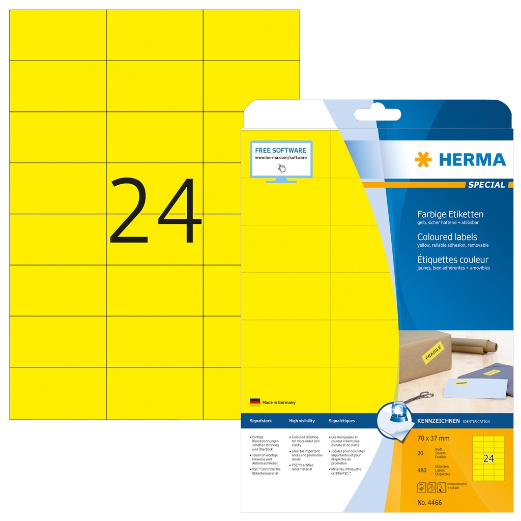 [4466] Etiket HERMA 4466 70x37mm verwijderbaar geel 480st