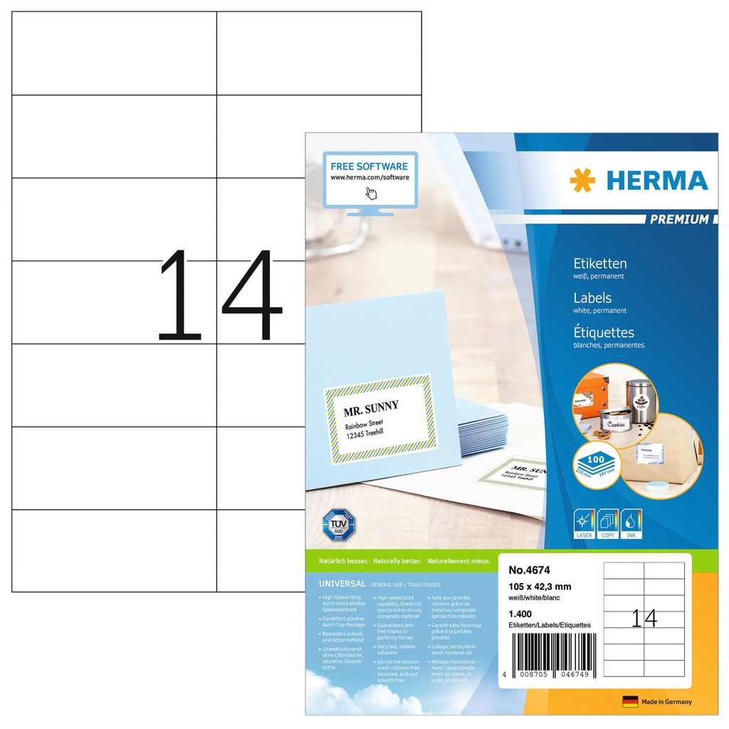 [4674] Etiket HERMA 4674 105x42.3mm premium wit 1400st