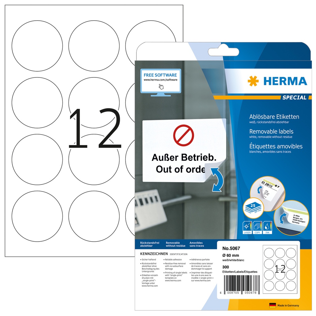 [5067] Etiket HERMA 5067 60mm verwijderb wit 300st