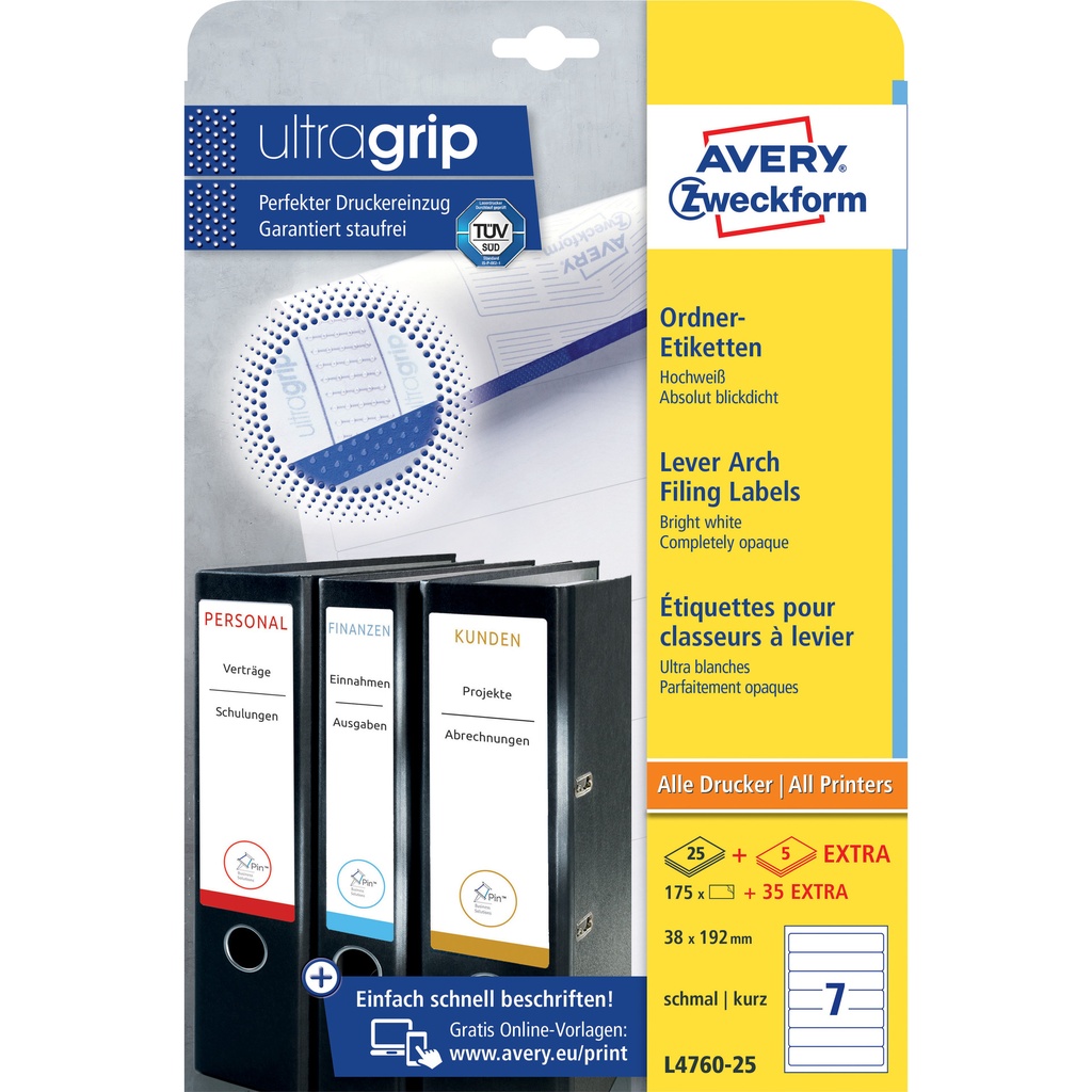[L4760-25] Rugetiket Avery smal 38x192mm zelfklevend wit