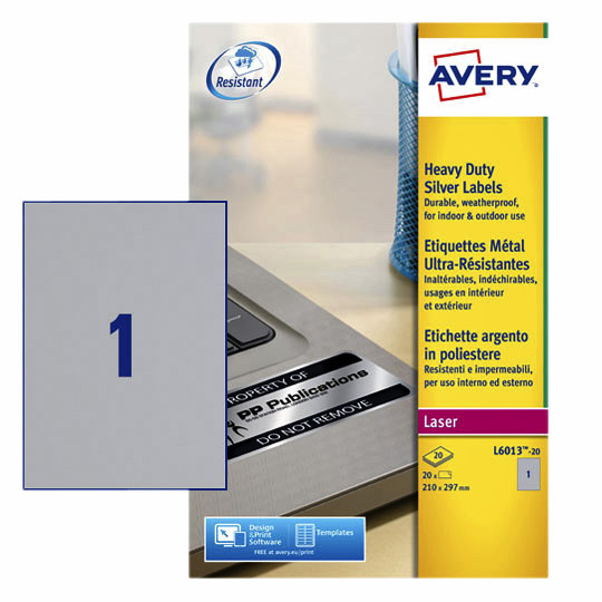 [L6013-20] Etiket Avery L6013-20 210x297mm zilver 20st
