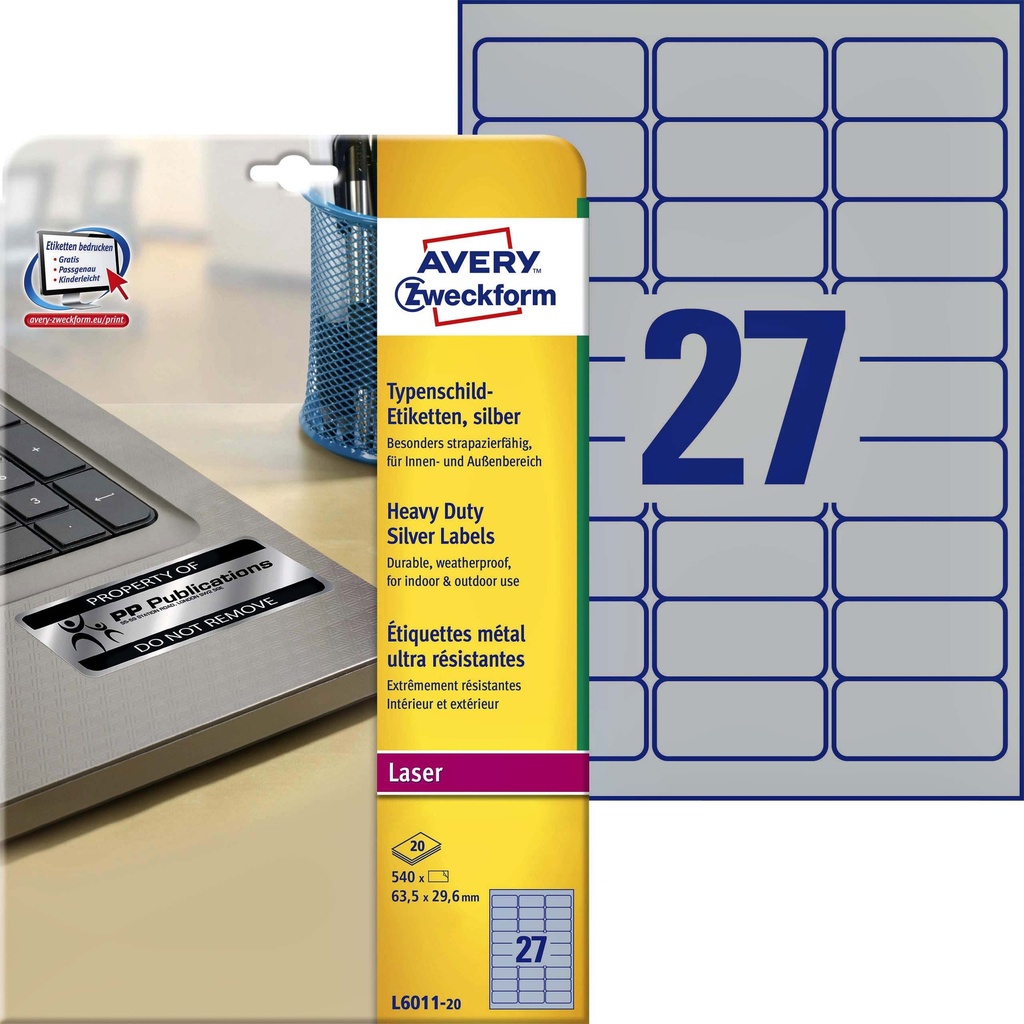 [L6011-20] Etiket Avery L6011-20 63.5x29.6mm zilver 540st