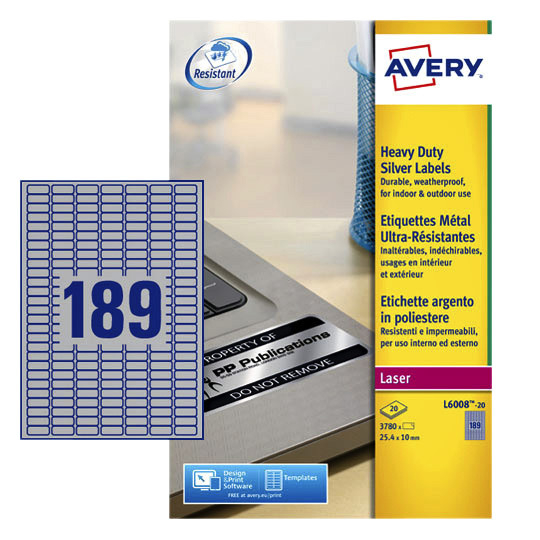 [L6008-20] Etiket Avery L6008-20 25.4x10mm zilver 3780st