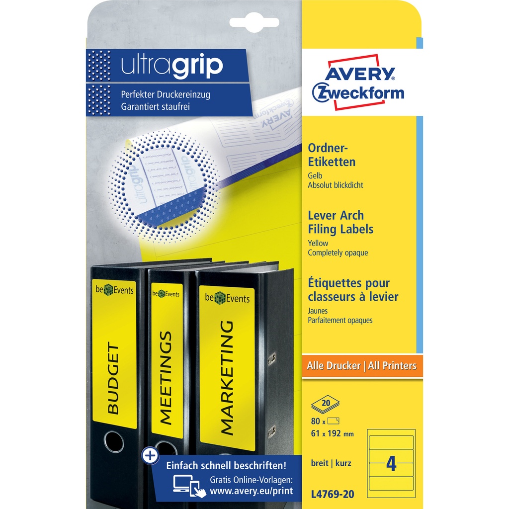 [L4769-20] Rugetiket Avery breed 61x192mm zelfklevend geel