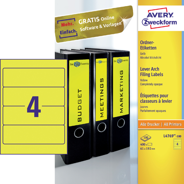 [L4769-100] Rugetiket Avery breed 61x192mm zelfklevend geel