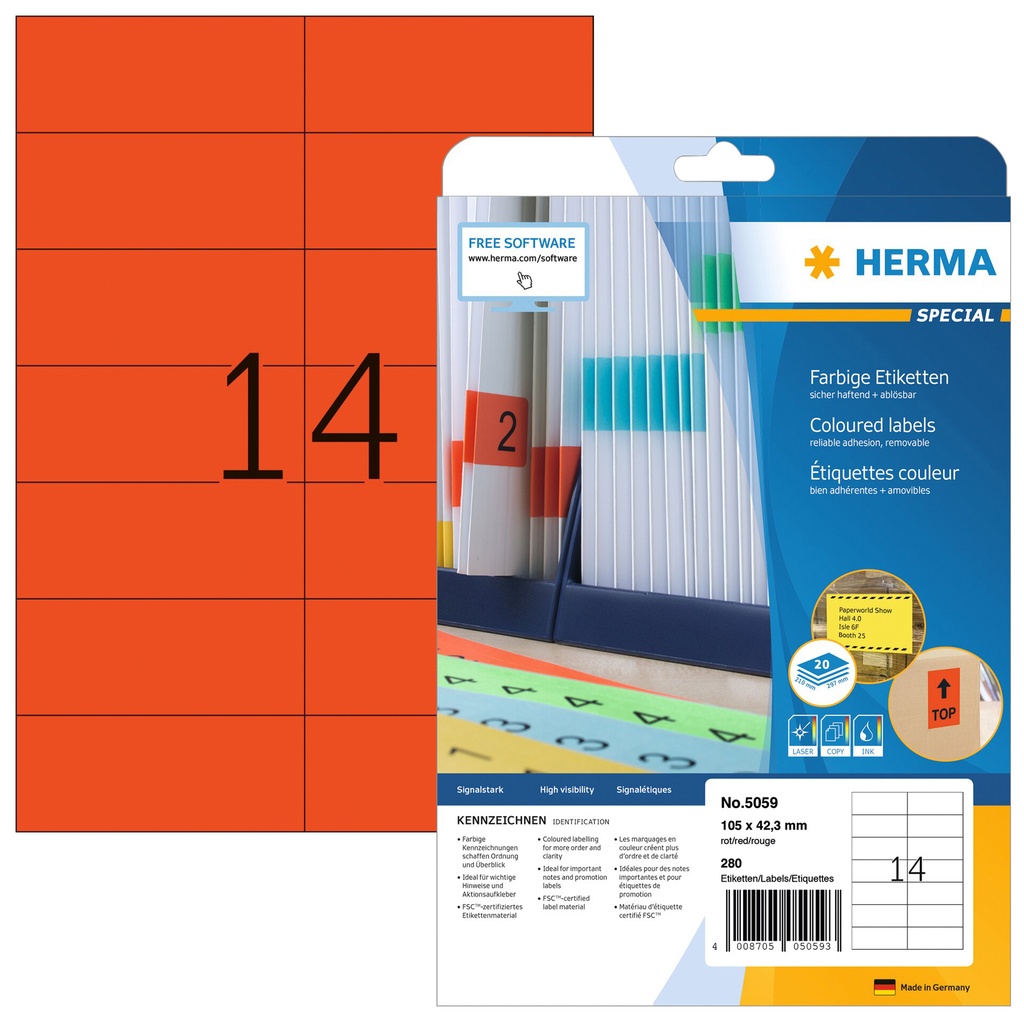 [5059] Etiket HERMA 5059 105x42.3mm verwijderb rood 280st