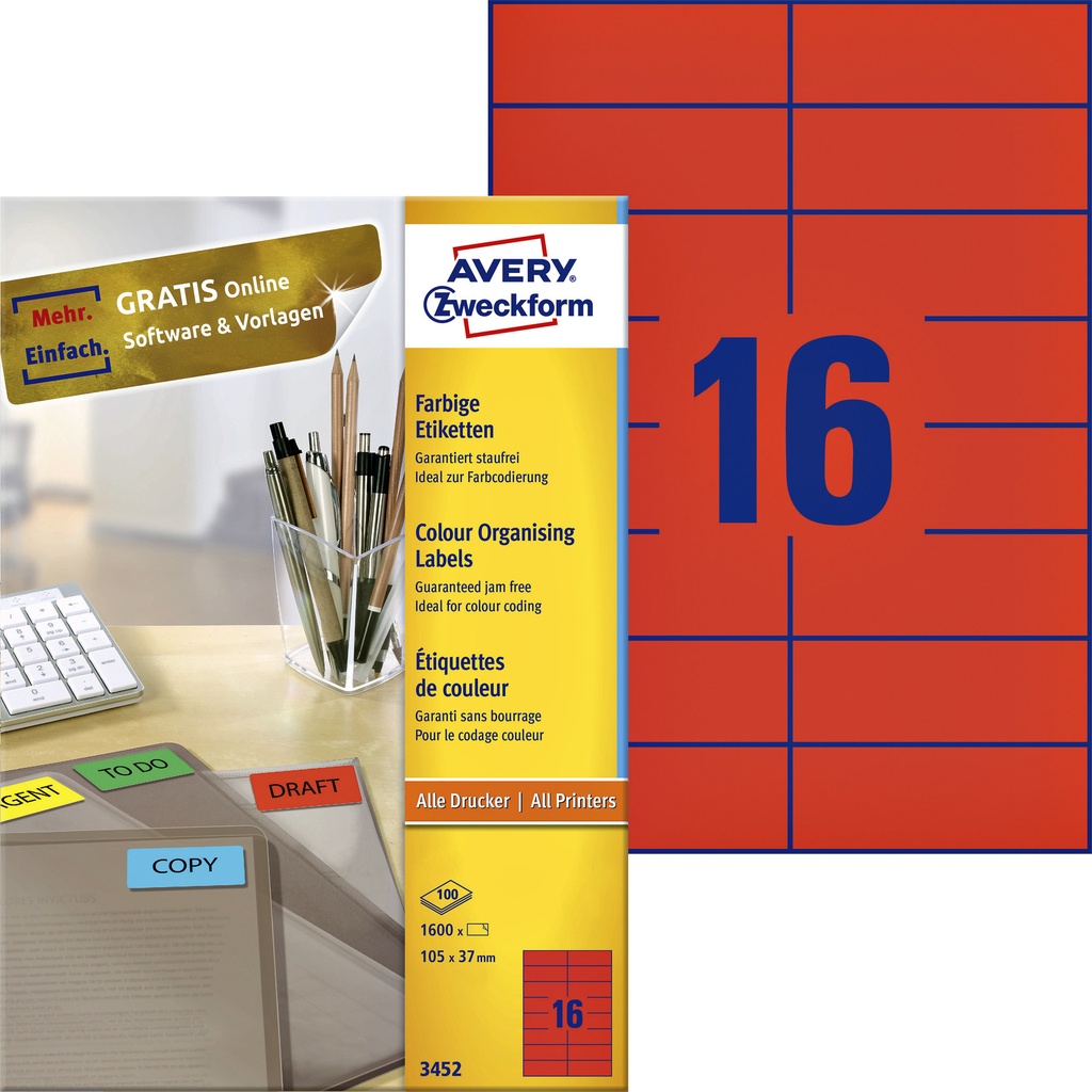 [3452] Etiket Avery 3452 105x37mm rood 1600st