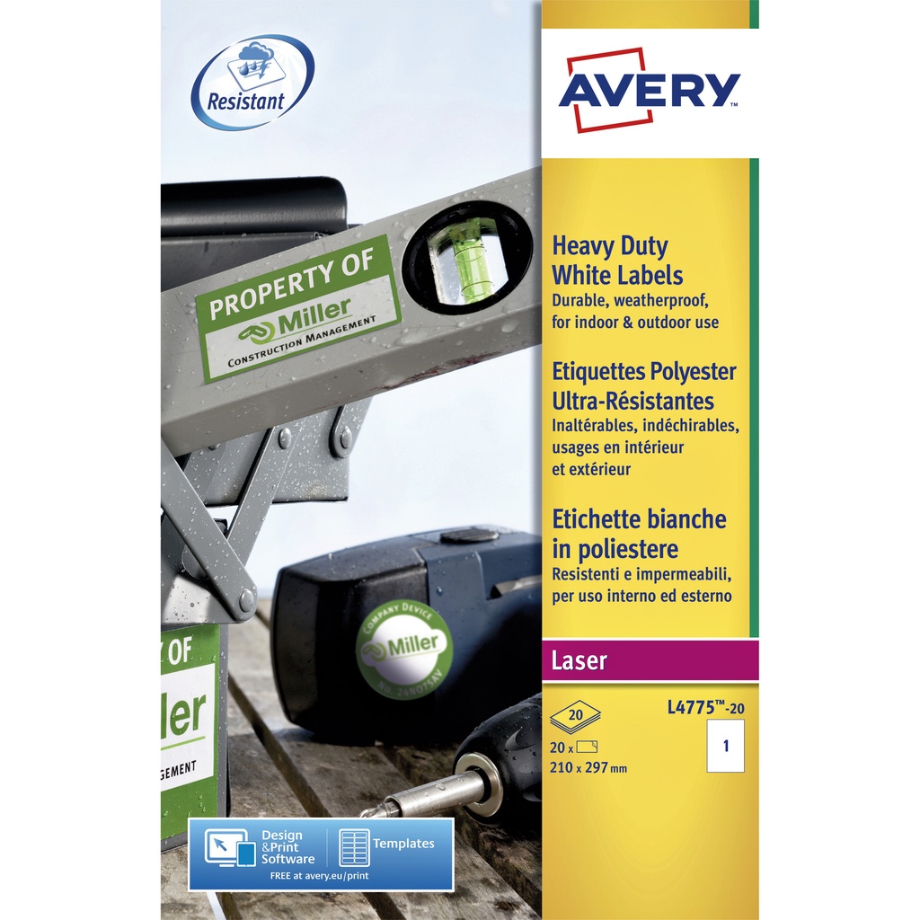 [L4775-20] Etiket Avery L4775-20 210x297mm wit 20st