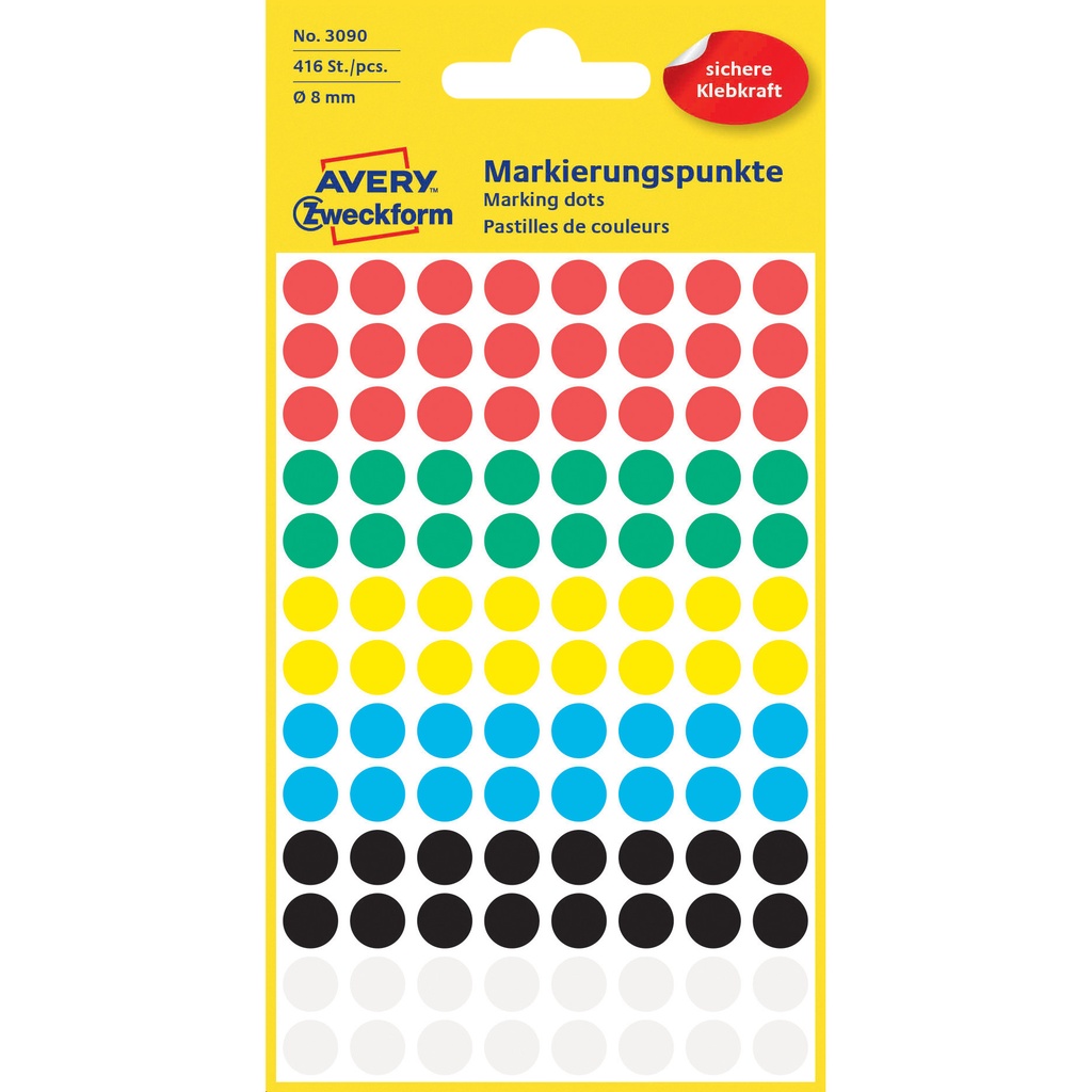 [3090] Etiket Avery 3090 rond 8mm assorti 416st