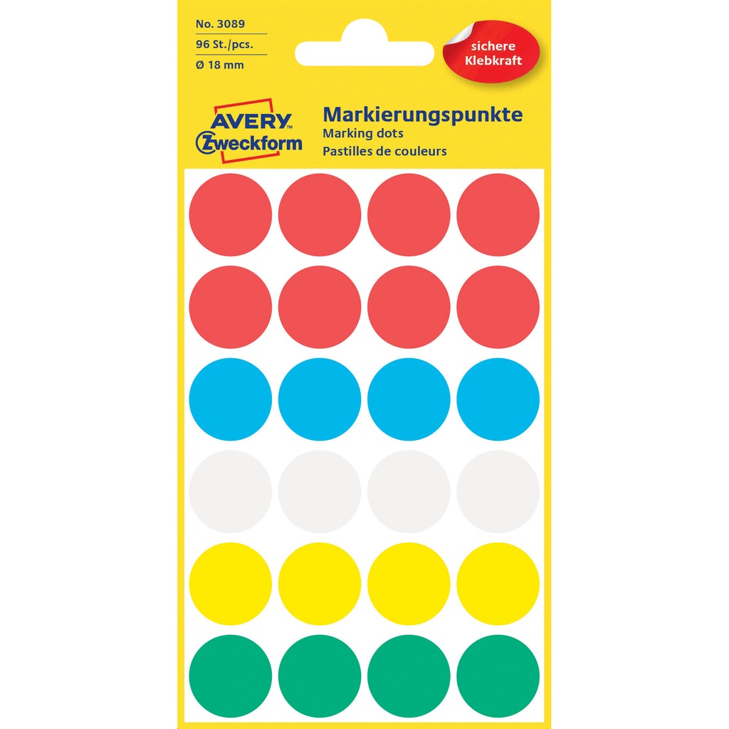 [3089] Etiket Avery 3089 rond 18mm assorti 96st