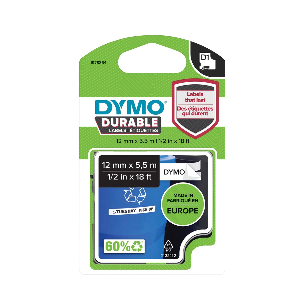 [1978364] Labeltape Dymo LabelManager D1 polyester 12mm wit