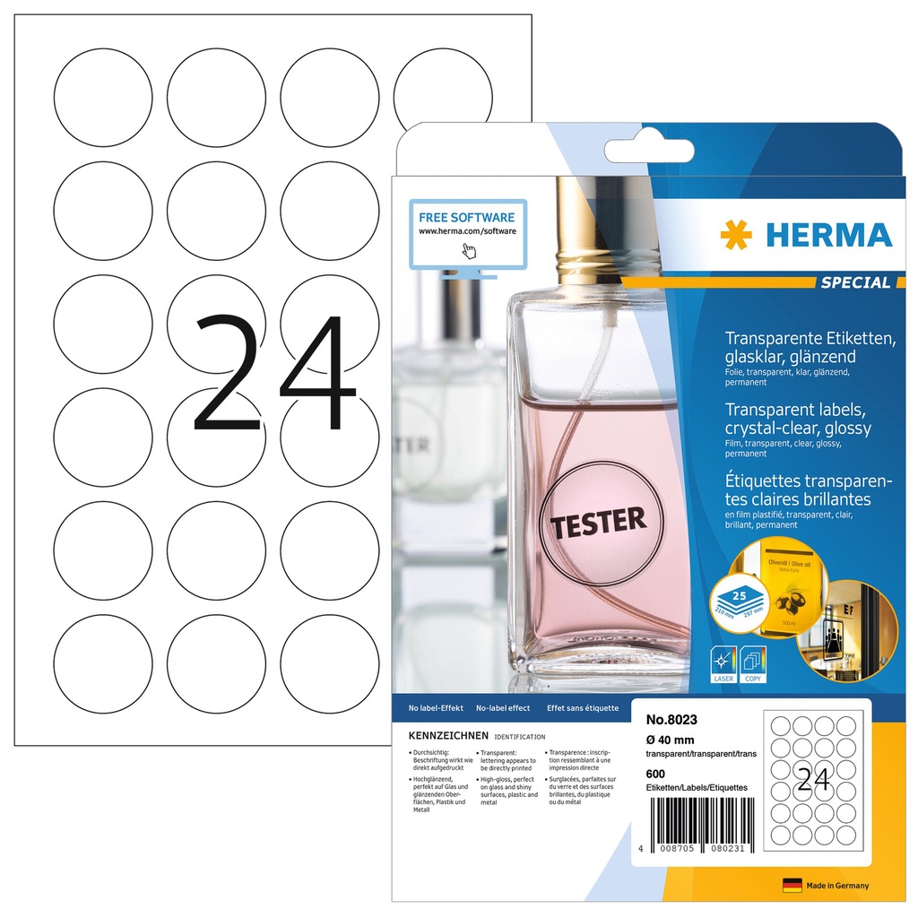 [8023] Etiket HERMA 8023 40mm rond transparant 600st