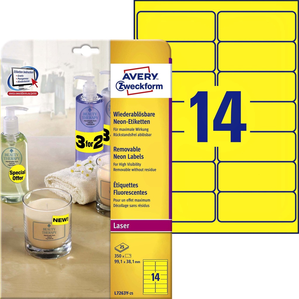 [L7263Y-100] Etiket Avery L7263Y-100 99.1x38.1mm geel 1400st