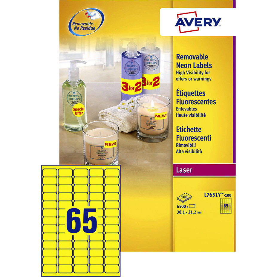 [L7651Y-100] Etiket Avery L7651Y-100 38.1x21.2mm geel 6500st