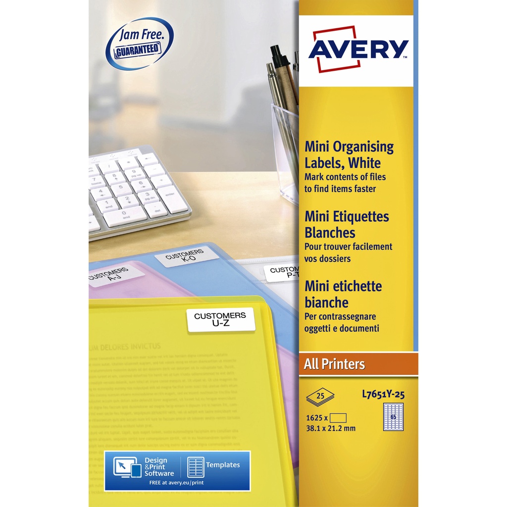 [L7651Y-25] Etiket Avery L7651Y-25 38.1x21.2mm geel 1625st