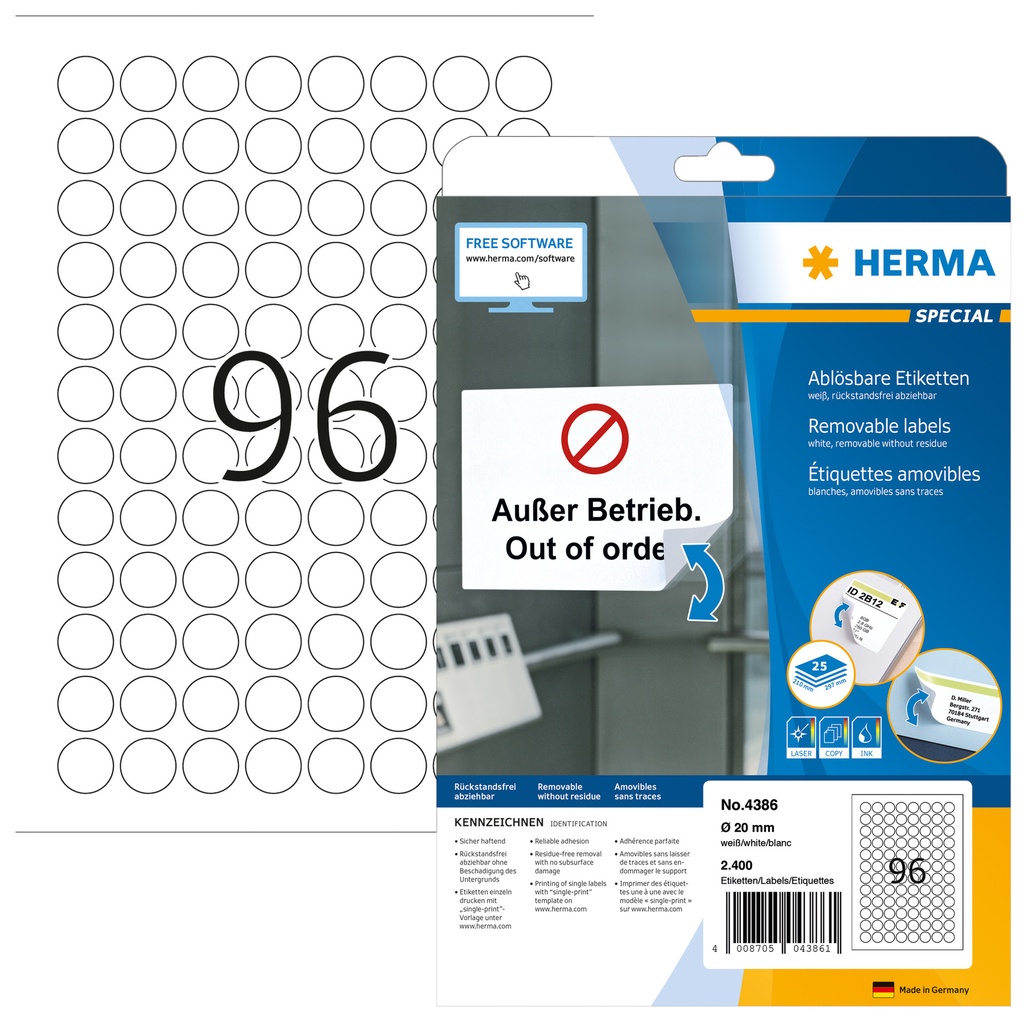 [4386] Etiket HERMA 4386 rond 20mm verwijderb wit 2400st