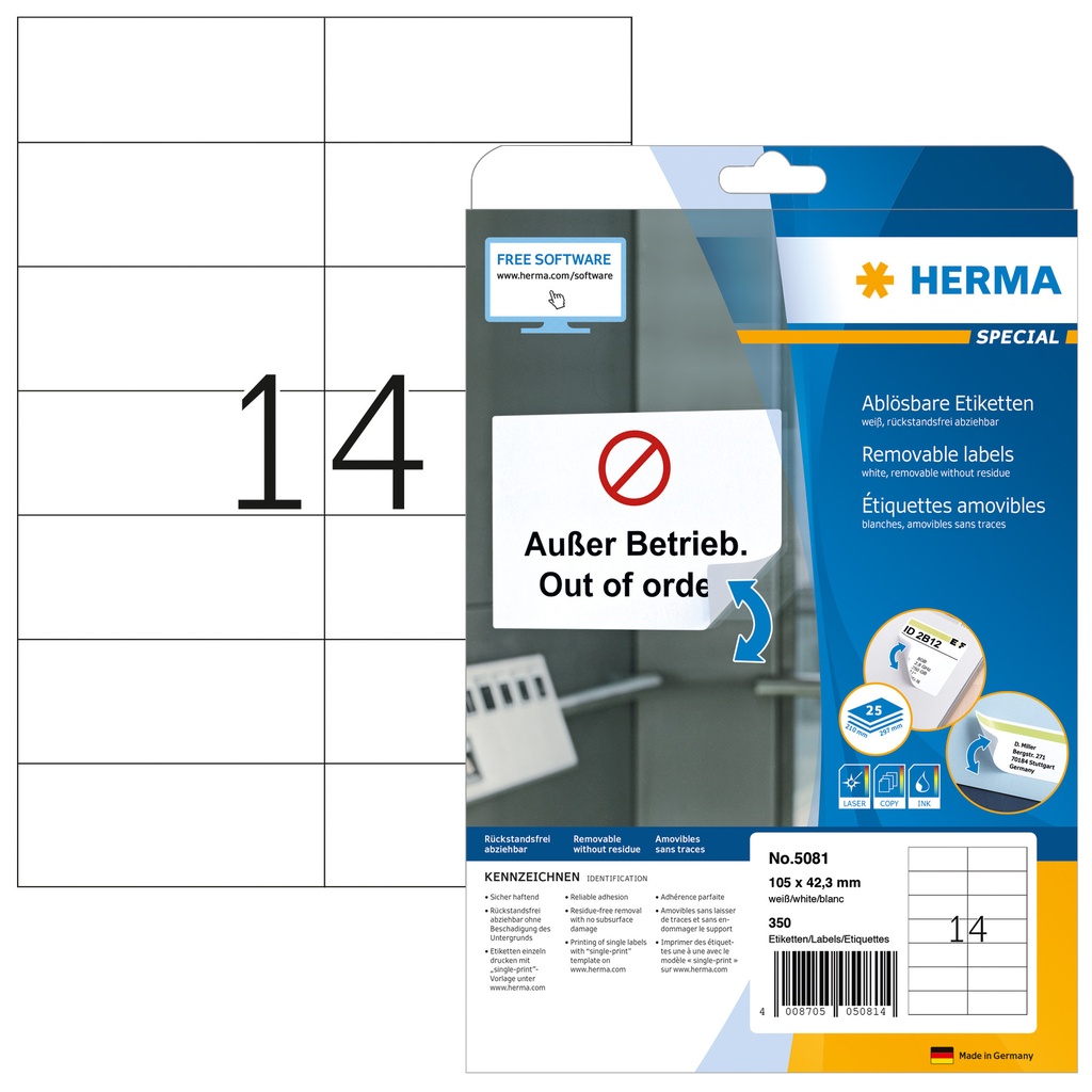 [5081] Etiket HERMA 5081 105x42.3Mm verwijderb wit 350st