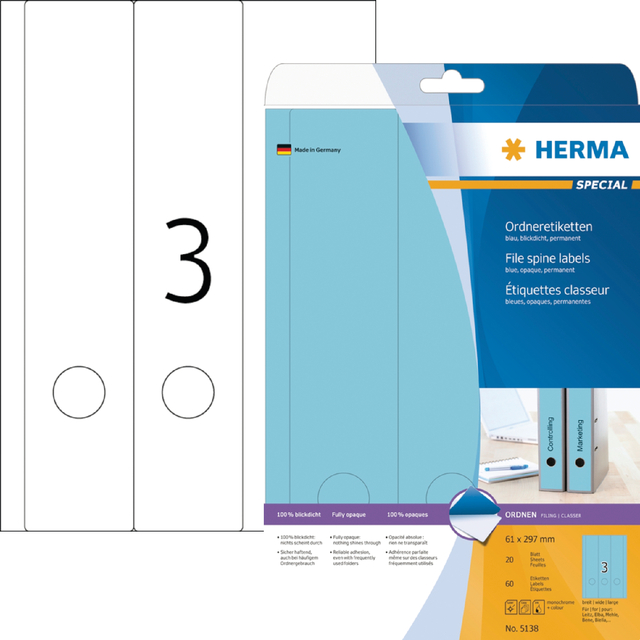 [5138] Rugetiket HERMA 5138 breed/lang 61x297mm zkl blauw