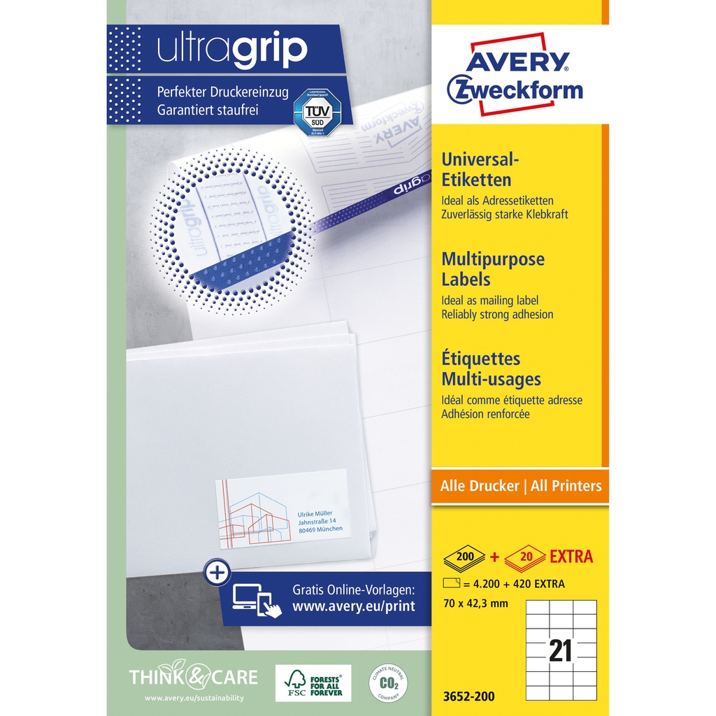 [3652-200] Etiket Avery 3652 70x42.3mm wit 4200st
