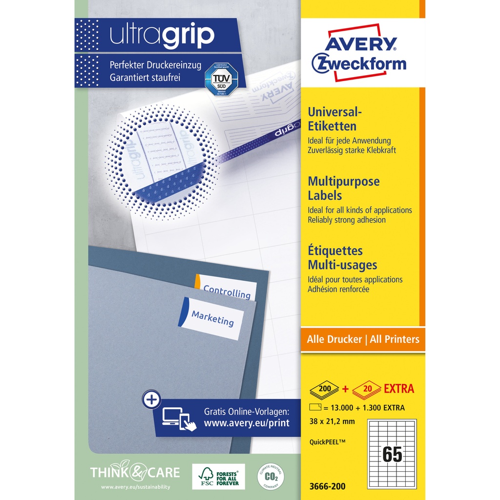 [3666-200] Etiket Avery 3666 38x21.2mm wit 13000st